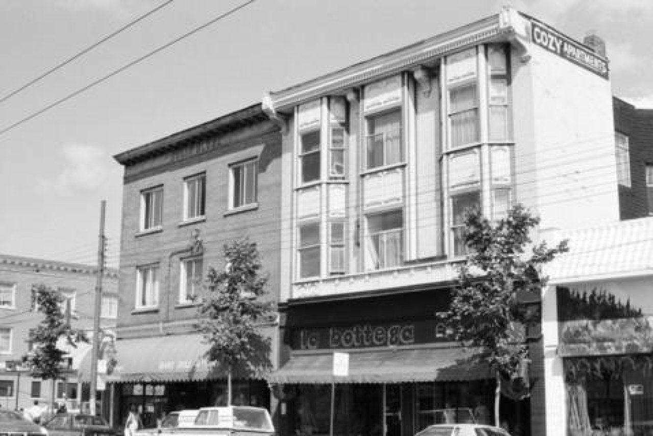 Odlin Block at 1610 Commercial Dr (left) and 1616 Commercial Dr c. 1985. Source: City of Vancouver Archives 790 0274