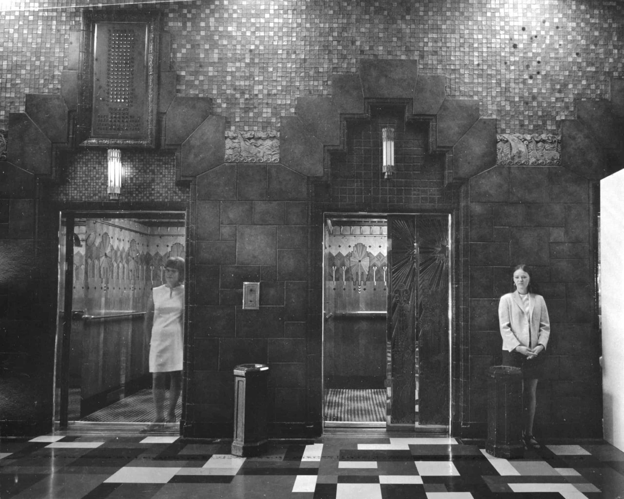 Interior lobby and elevators of the Marine Building, 1972. Philip Timms via City of Vancouver Archives, CVA 677-915 