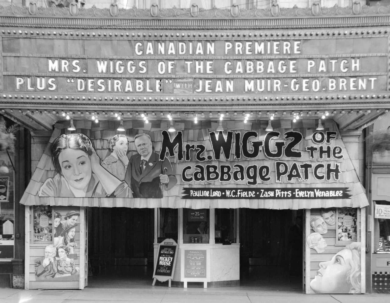 The Orpheum Theatre's marquee featuring advertising for the 1934 movie Mrs. Wiggs of the Cabbage Patch. City of Vancouver Archives, CVA 99-4673. 