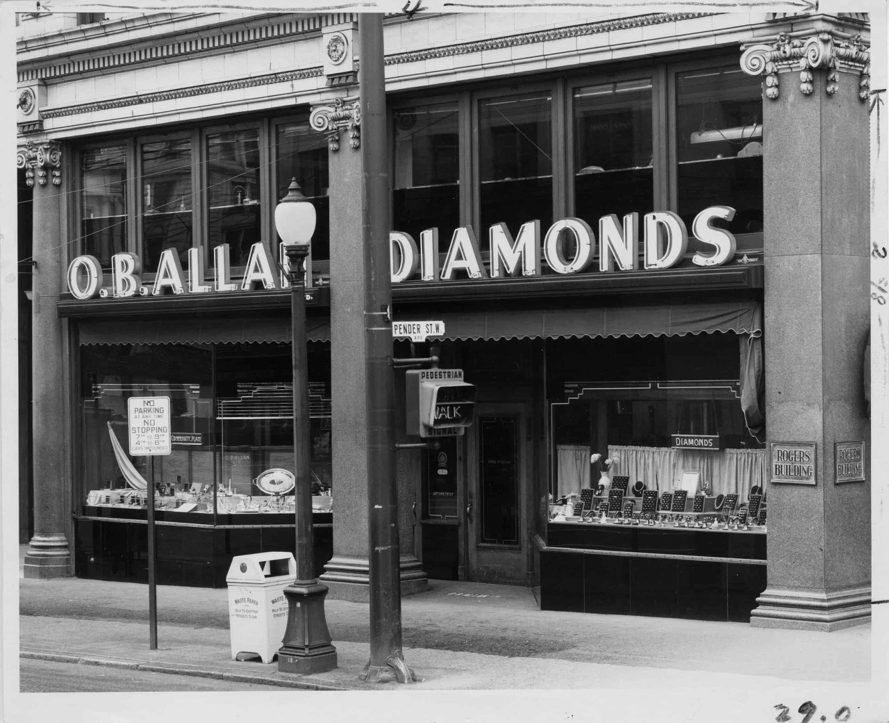 Exterior of O.B. Allan store, Pender St view, 1959. Source: City of Vancouver Archives 1385-15