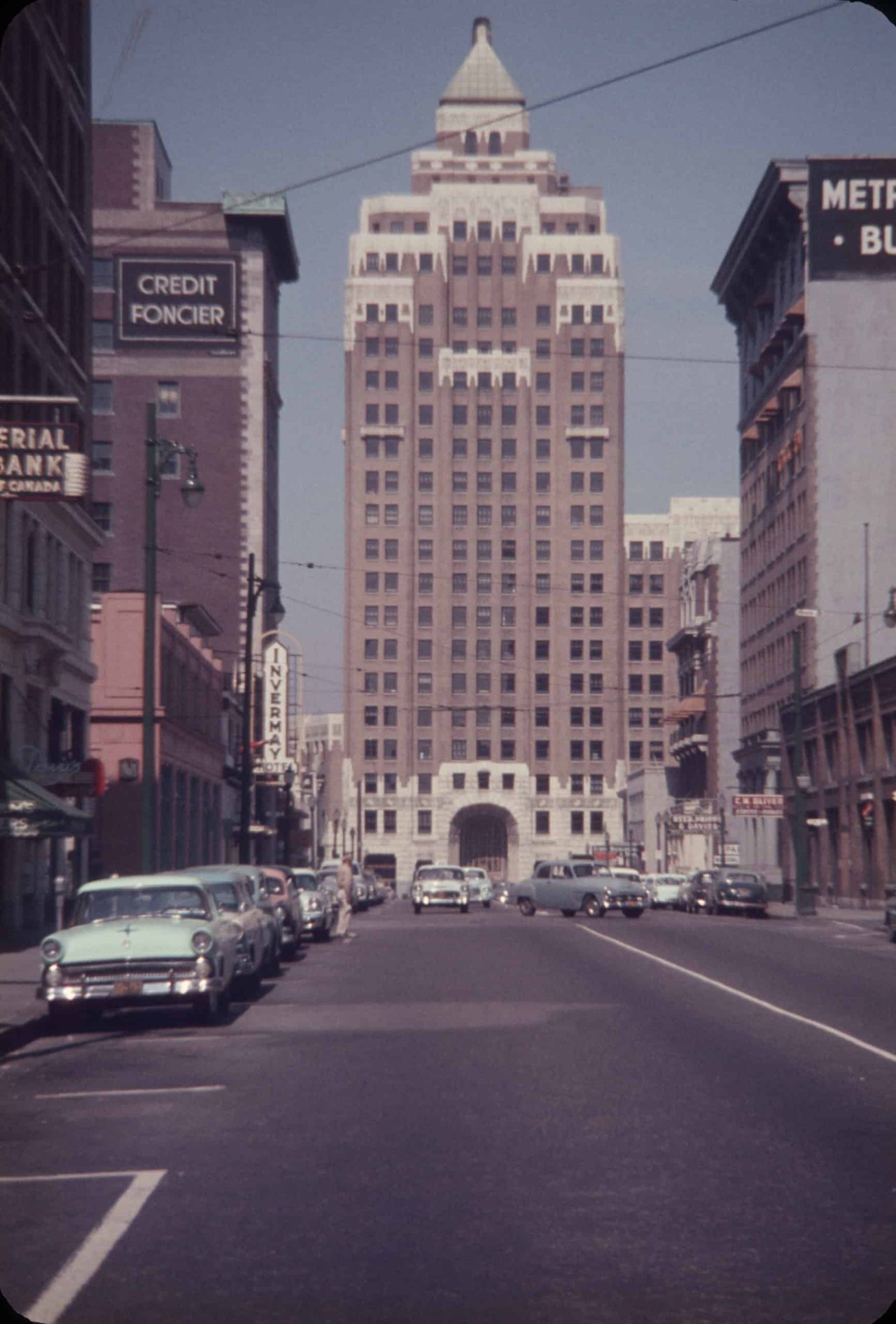 View of the Marine Building from below, 1956. City of Vancouver Archives, CVA 1415-067