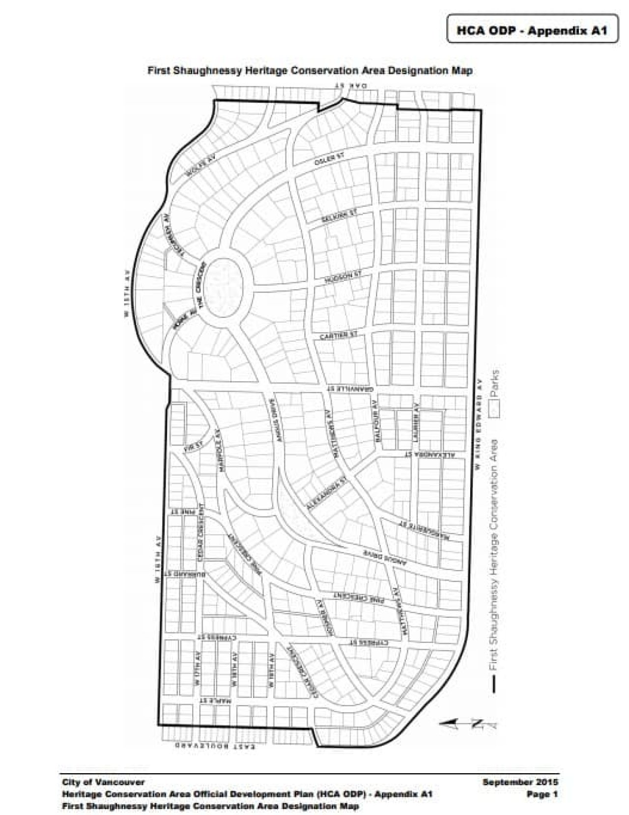 A map showing First Shaughnessy's conservation boundaries as presented on the City of Vancouver Heritage Areas page.