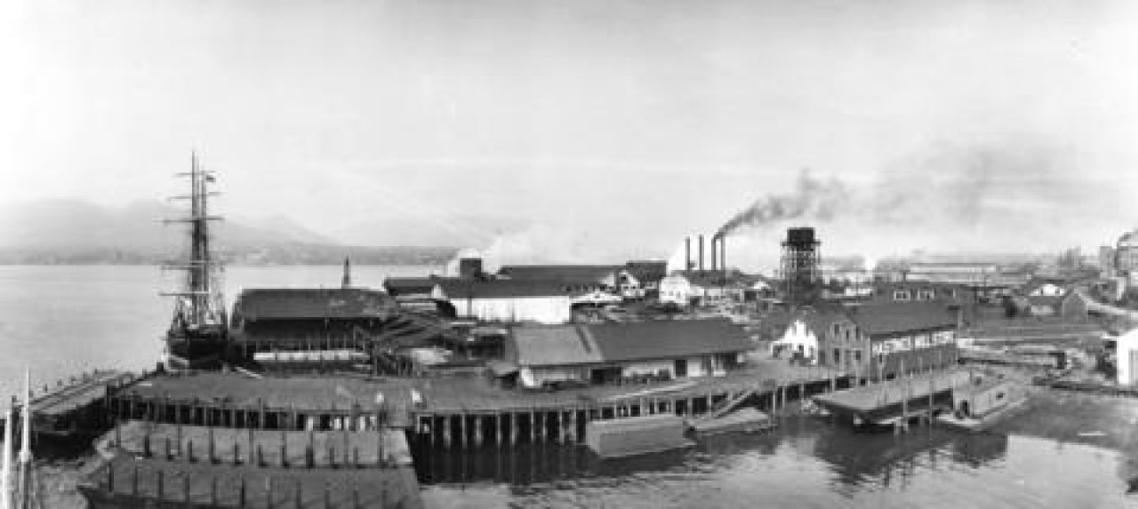 Panoramic view of Hastings Sawmill area, including Hastings Mill Store in original setting, 1913. City of Vancouver Archives, Mi P60.