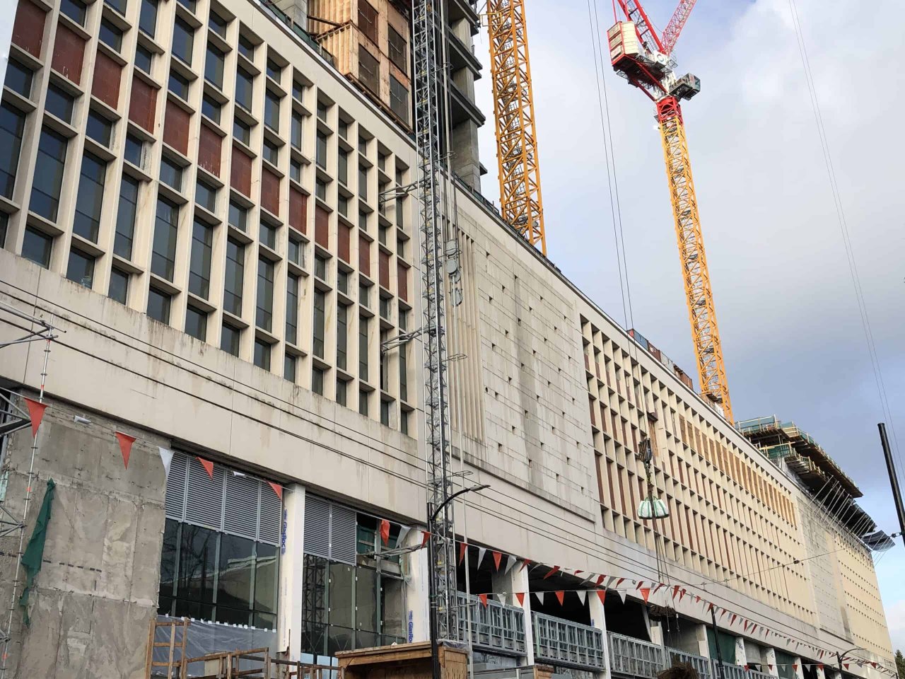 Closeup of former Post Office on 349 W Georgia St under construction on December 17, 2020. Credit: S Carlson