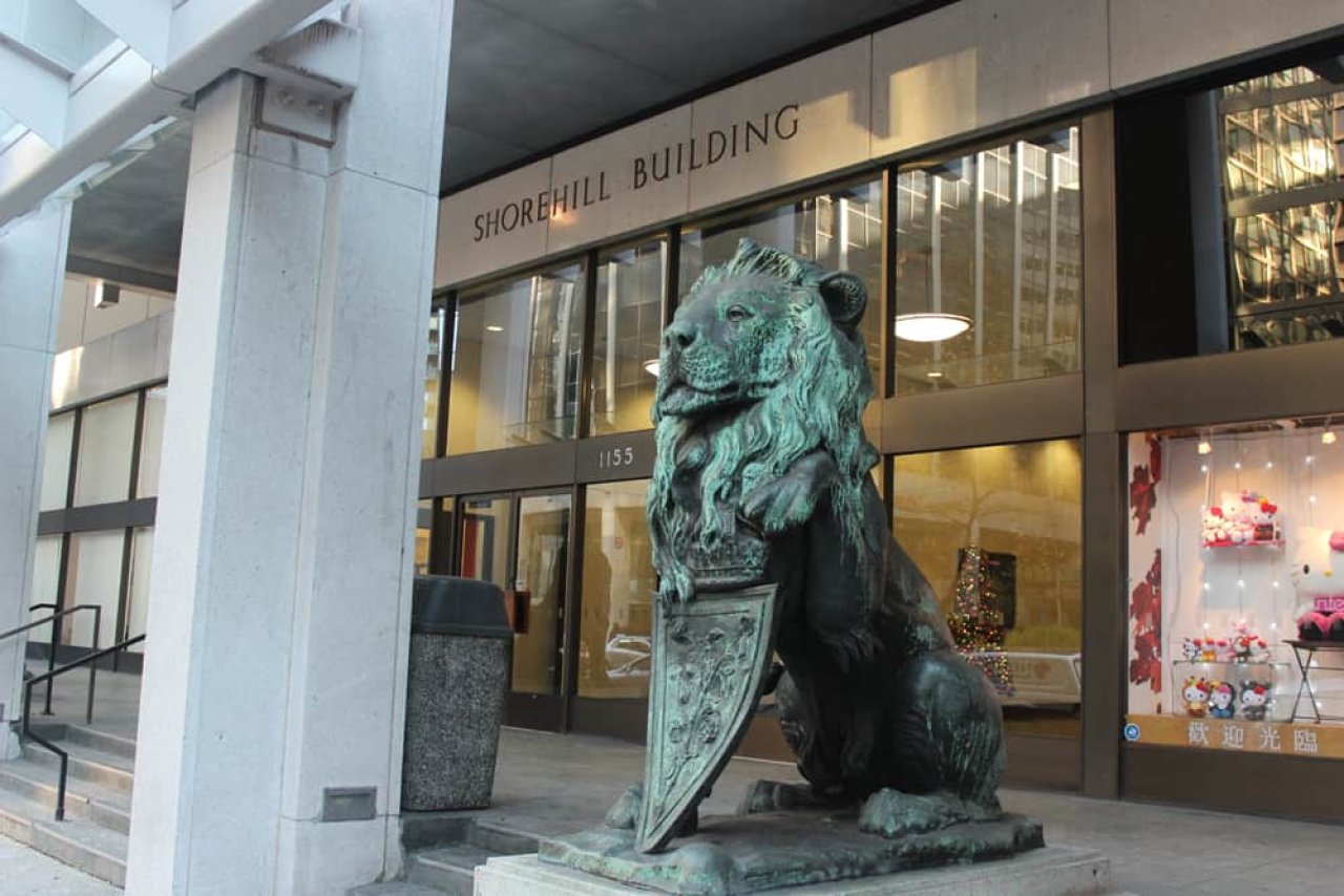 Royal General Insurance Co. Bronze Lions at 1155 W Pender St. Credit: Chimp Photo Club.