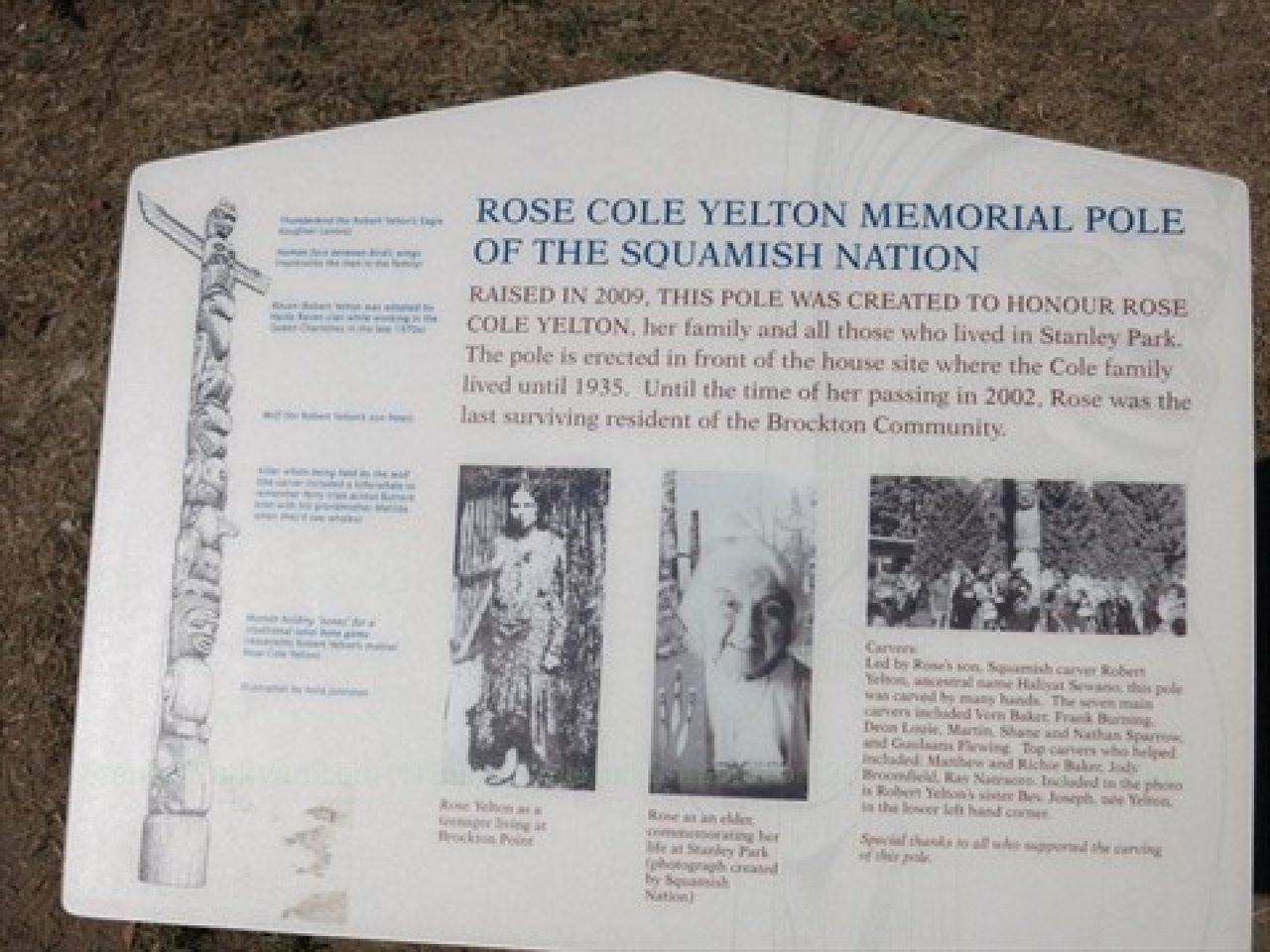 Rose Cole Yelton Memorial Pole Plaque. Source: http://stanleyparkvan.com/stanley-park-van-attractions-totem-poles.html