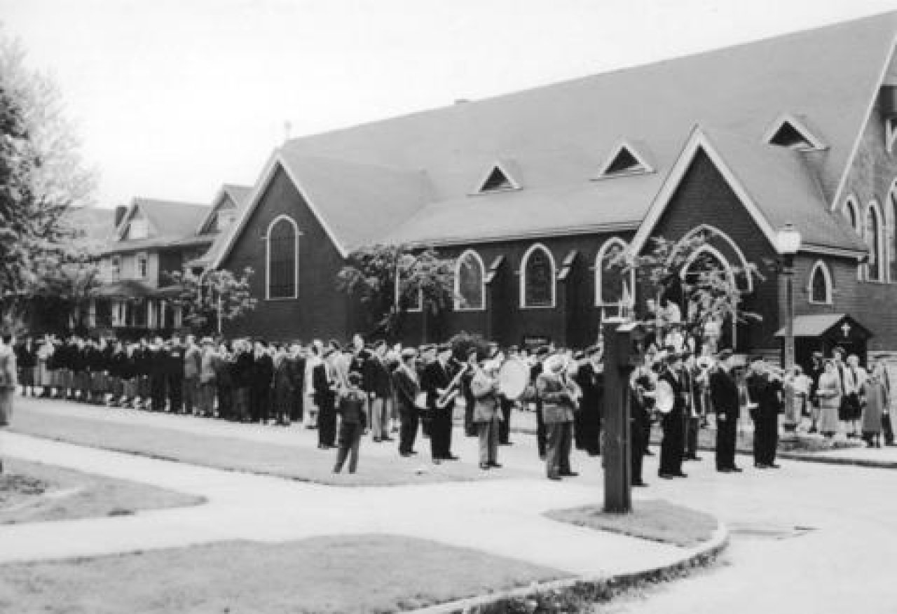 St Paul's Anglican Church ca. 1940
Source: Item : Ch P173 - [Veterans church parade in front of St. Paul's Church - 1130 Jervis Street]