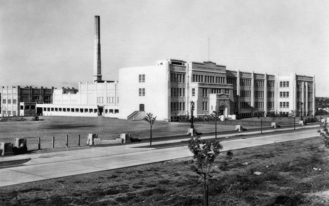 Exterior of Vancouver Technical School, c. 1930 (corner of E Broadway and Clinton (Penticton) St. Source: City of Vancouver Archives Sch P14