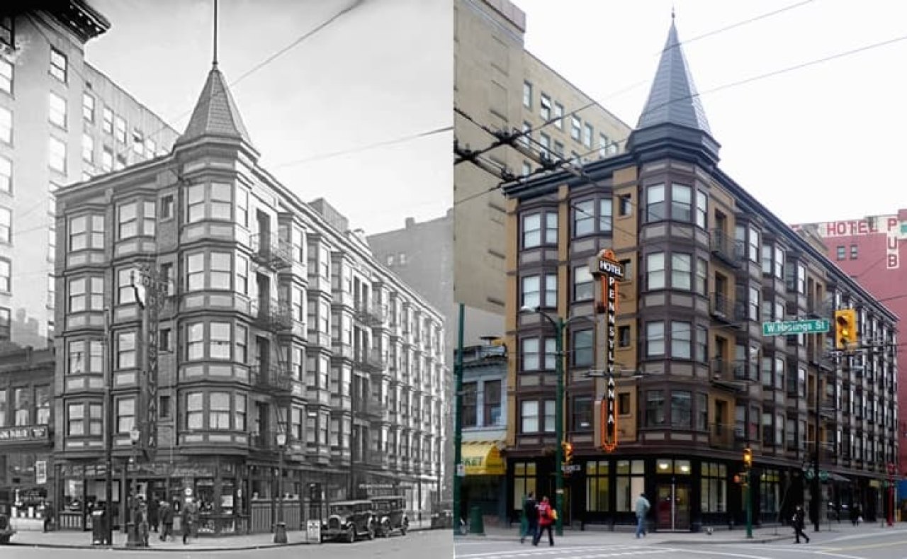 Archival and more recent image of the Pennsylvania Hotel. Note that the turret was still present.

Source: Changing Vancouver
https://changingvancouver.wordpress.com/2012/01/28/pennsylvania-hotel/