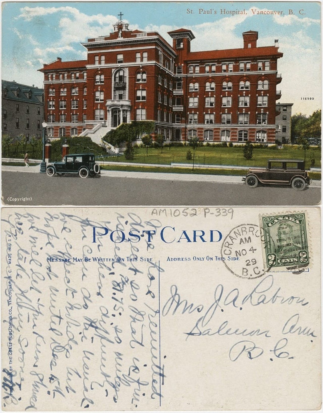 Postcard featuring St. Paul's Hospital from 1929. City of Vancouver Archives, AM1052 P-339.