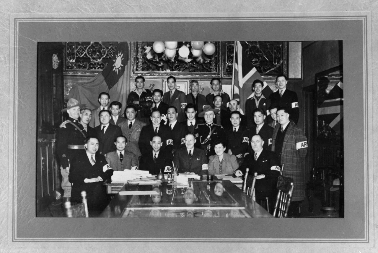 Members of the Chinatown Air Raid Patrol at the Chinese Benevolent Association in 1944. Source: City of Vancouver Archives 2008-010.4118.