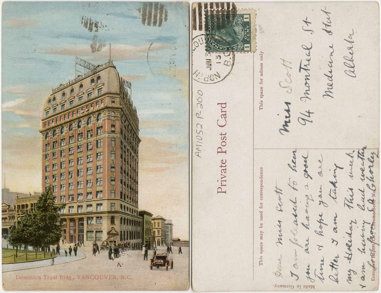 Postcard featuring the Dominion Building in 1913. Source: City of Vancouver Archives AM1052 P-200.