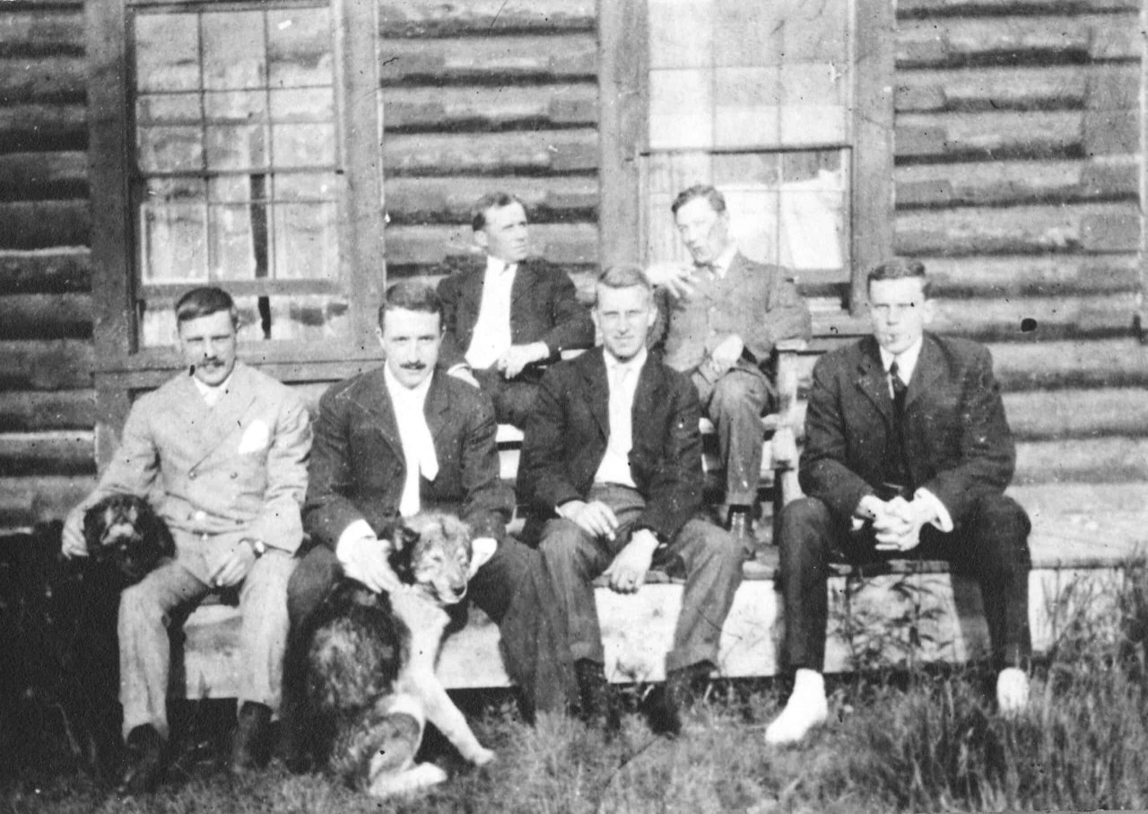 Canadian Imperial Bank of Commerce employees. Group portrait showing Robert Service, J.H. Roaf (original owner of 2020 South West Marine Dr.), J. Alex Walker, M. Saunders, Mr. McKenzie and Mr. Day. Source: City of Vancouver Archives Out P898.