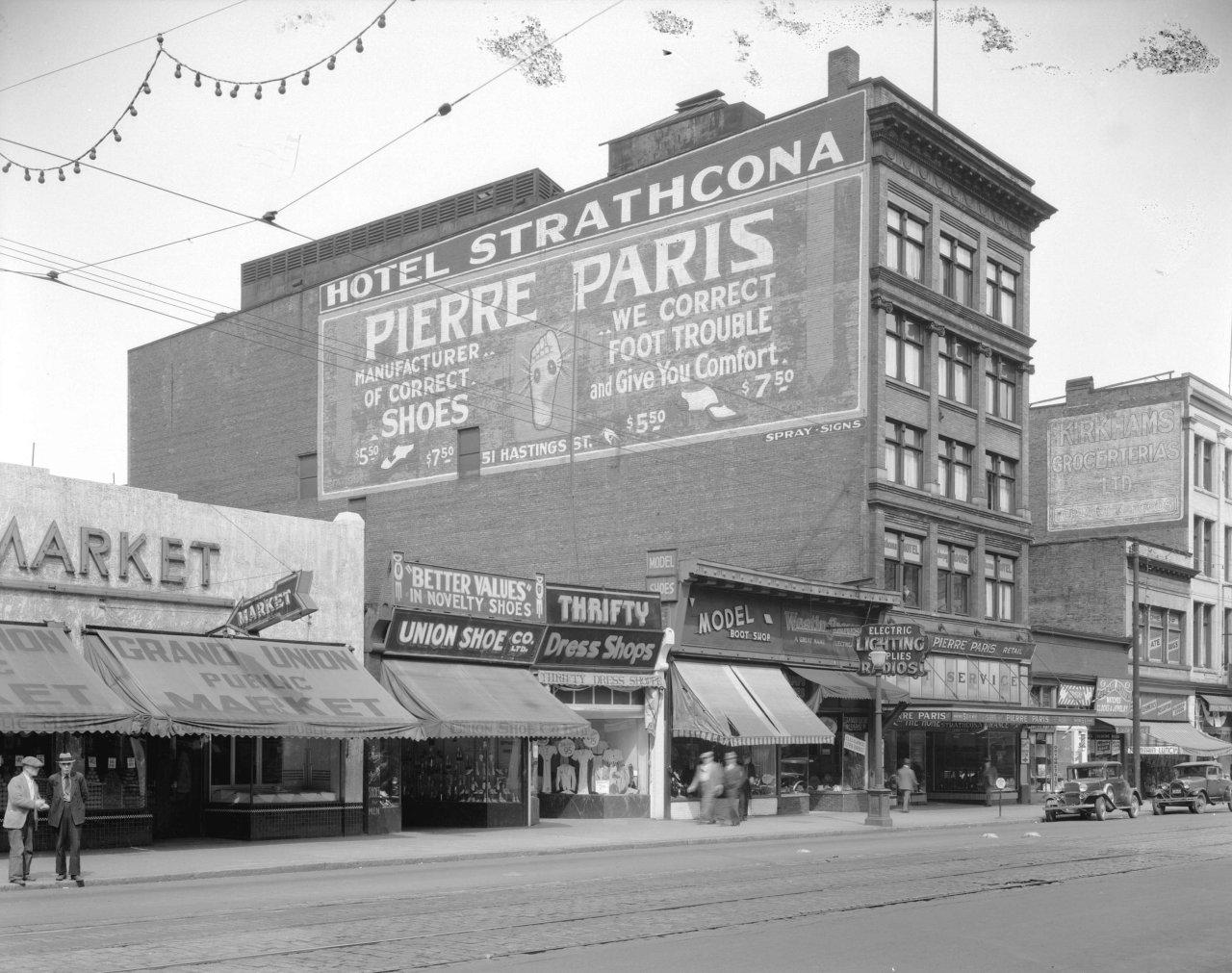 Pierre Paris and Hotel Strathcona building [at 51-53 West Hastings Street] in 1936. Credit: City of Vancouver Archives 99-4889