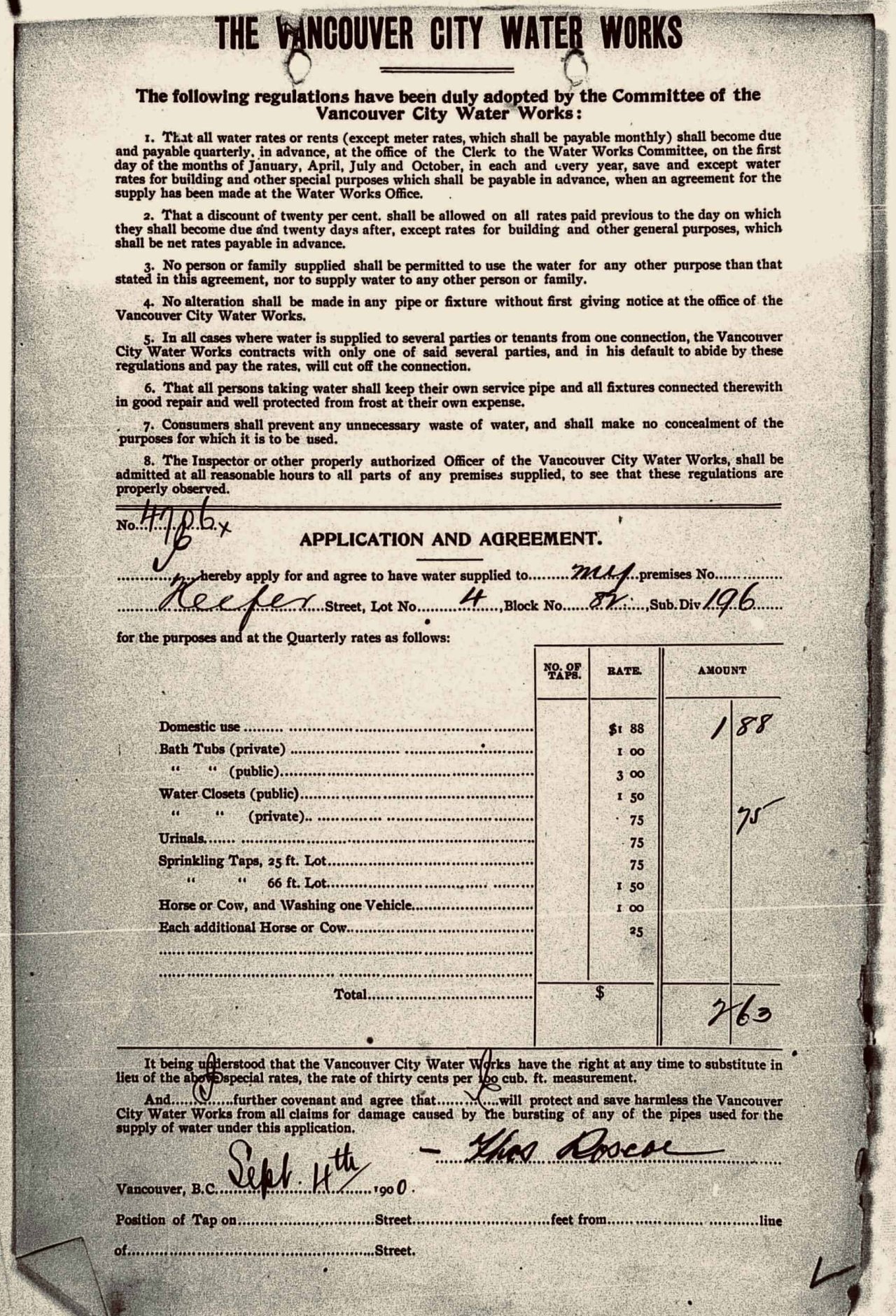 Water Permit from September 4, 1900 for the Roscoe Residence (818 Keefer Street).
