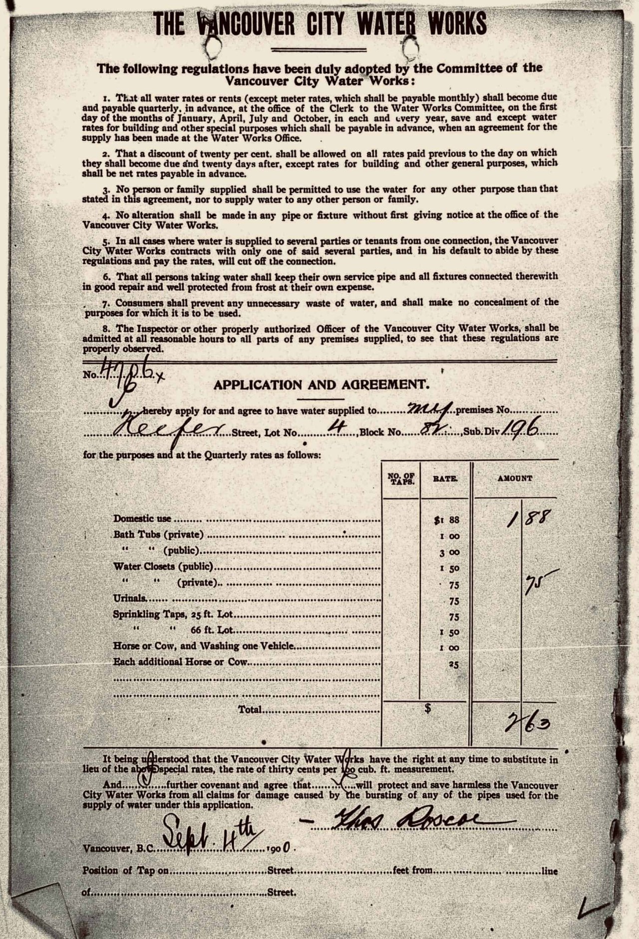 Water Permit from September 4, 1900 for the Roscoe Residence (818 Keefer Street).